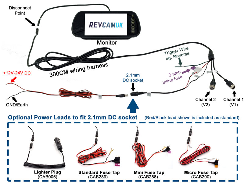 7" Mirror monitor display for reversing camera - 2x 4 pin inputs | MON293GL