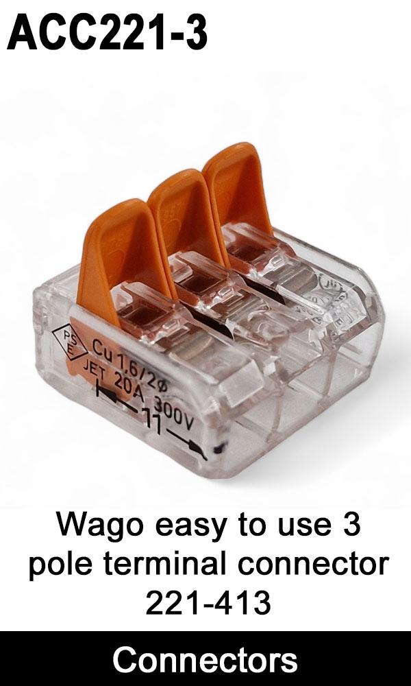 Wago 3 Pole Terminal Block Splice Connector with lever lock and transparent body | ACC221-3 / 221-413