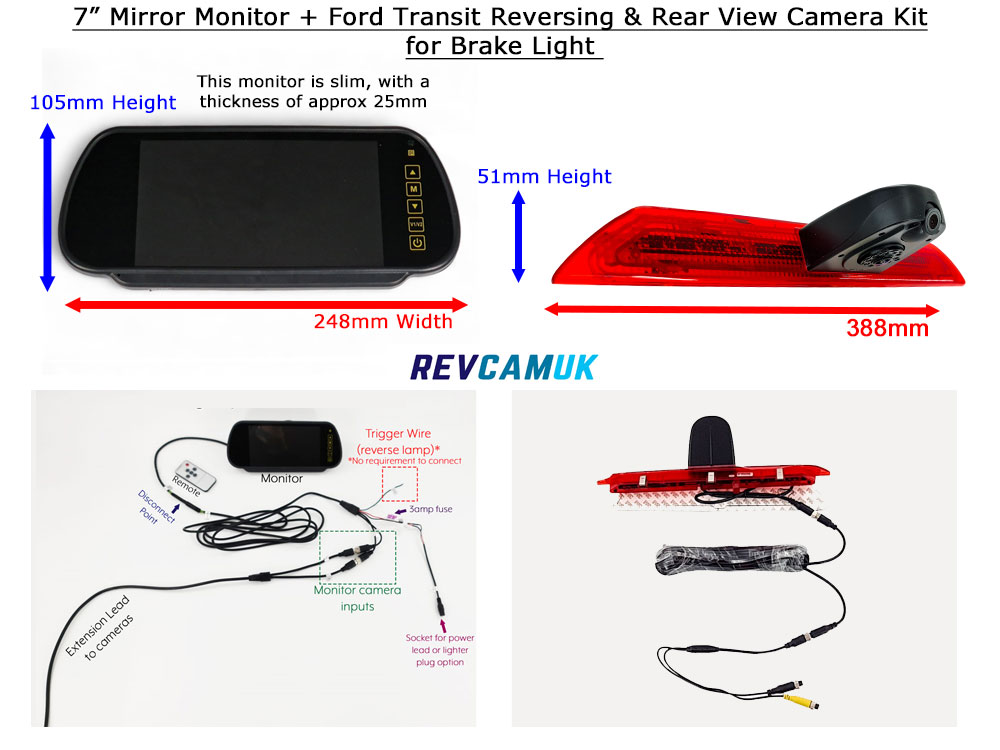 Twin Lens Ford Transit Mk8/Mk9 (2014+) Rear View Camera + Reversing Camera kit for Brake Light with a 7" Mirror Display - PM39BLCTW