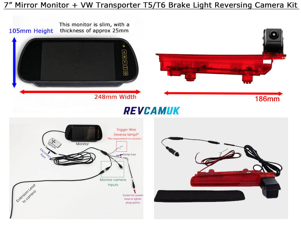 VW Volkswagen Transporter T5/T6 (2003+) (Barn Doors Version) Brake Light Reversing Camera kit with 7" Mirror Display - PM39BLK