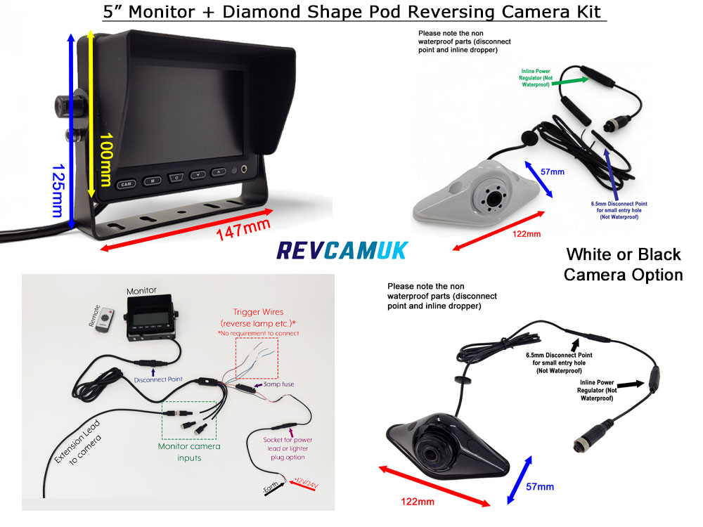 Diamond Pod Shaped Reversing Camera Kit with 5" Dash Monitor - PM59E