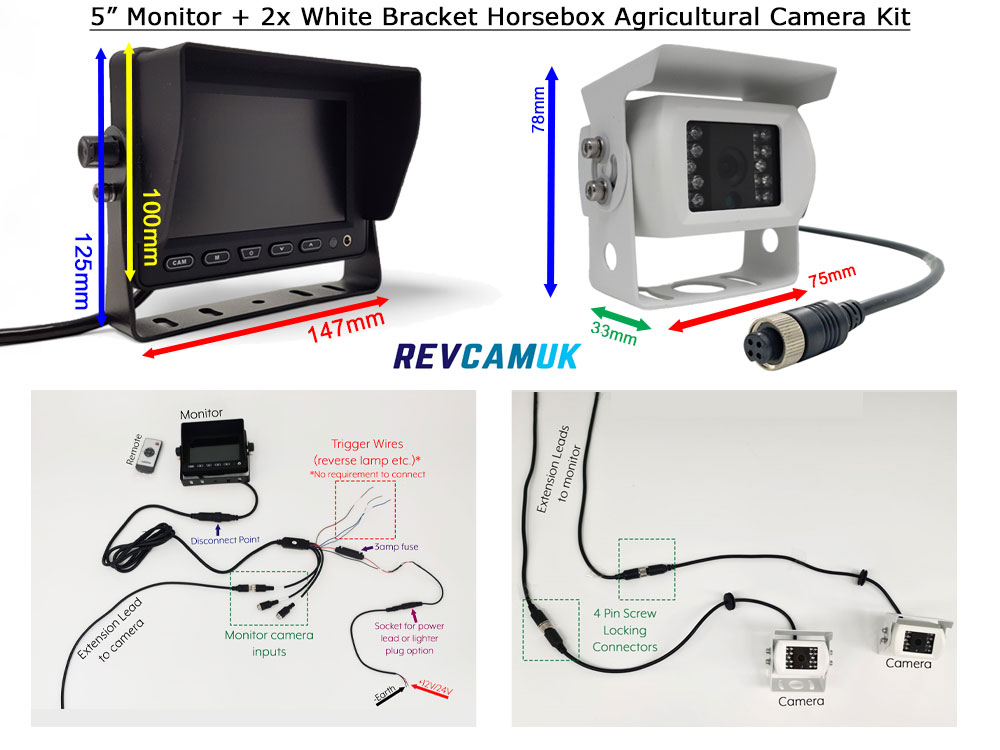 5" Dash Monitor + 2x Sony CCD White Bracket Reversing Cameras Kit - PM52W