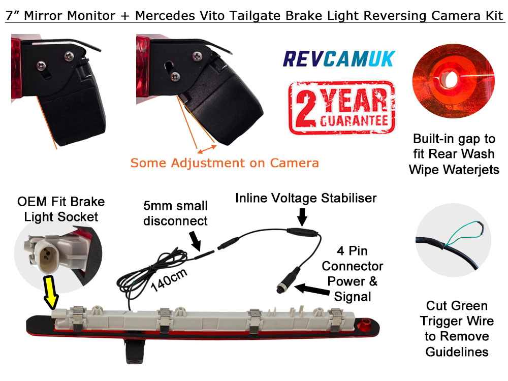 Mercedes Vito (2016+) Brake Light Reversing Camera kit with 7" Mirror Display - PM39BLO