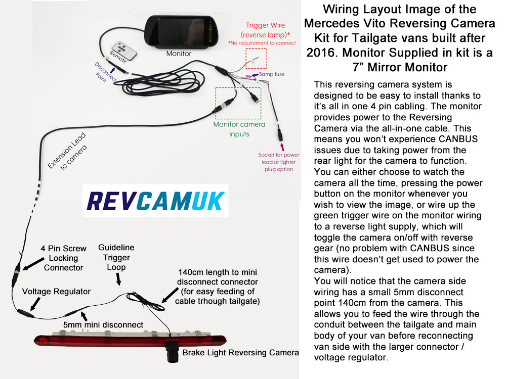 Mercedes Vito (2016+) Brake Light Reversing Camera kit with 7" Mirror Display - PM39BLO
