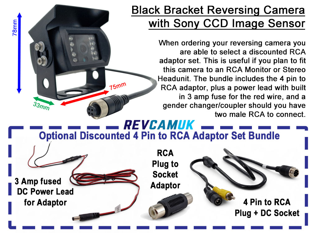 Black Reversing Camera - Sony CCD 700TVL - Stainless Steel Bracket - 4-Pin