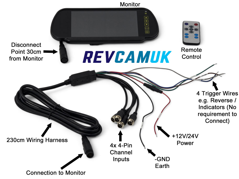 Quad/Split-Screen 7" Windscreen Bracket Rear View Mirror monitor display for 4x reversing camera/side cameras- 4x inputs (720P/960P/1080P/CVBS) | MON293BQAHD