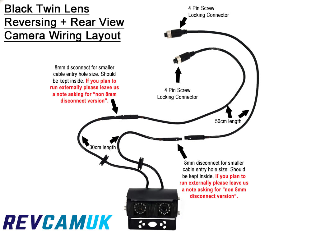 Black Twin-Lens Reversing & Rear-View Camera - Sony CCD 700TVL - Stainless Steel Bracket - 4-Pin