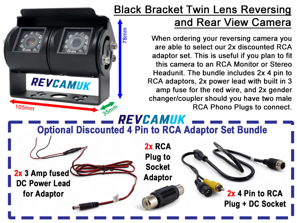 Black Twin-Lens Reversing & Rear-View Camera - Sony CCD 700TVL - Stainless Steel Bracket - 4-Pin