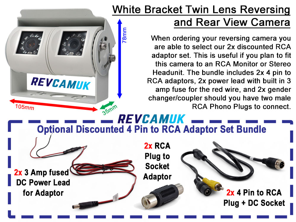 White Twin-Lens Reversing & Rear-View Camera for Motorhome - Sony CCD 700TVL - Stainless Steel Bracket - 4-Pin