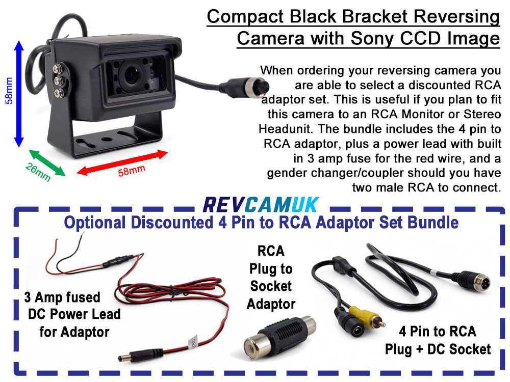 Compact Black Reversing Camera - Sony CCD 700TVL - Stainless Steel Bracket - 4-Pin