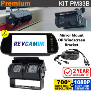 Black Twin Lens Bracket Reversing & Rear View Camera Kit with Mirror Monitor | PM33B