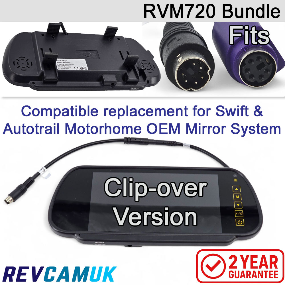 RVM720 Swift/Autotrail Compatible Replacement 7-inch Clip-On Mirror Monitor Bundle with 6 Pin Adaptor