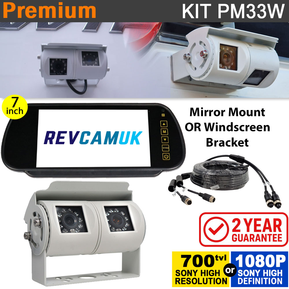 White Twin Lens Bracket Reversing & Rear View Camera Kit for Motorhomes with Mirror Monitor | PM33W