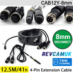12.5M (with 8mm link) - Twin 4 Pin Aviation Screw Connector Extension Cable for 2 reversing cameras | CAB12Y-8mm