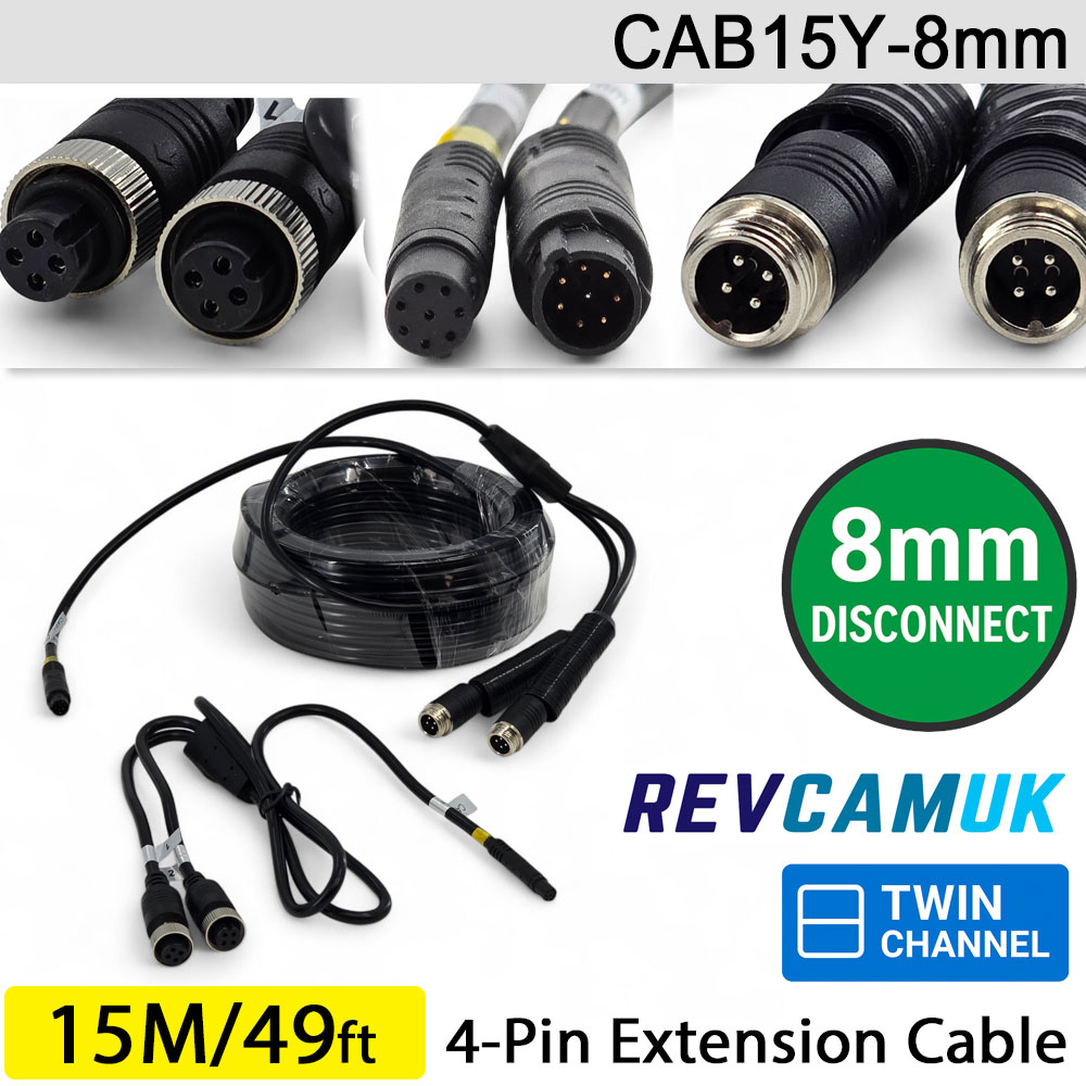 15M (with 8mm link) - Twin 4 Pin Aviation Screw Connector Extension Cable for 2 reversing cameras | CAB15Y-8mm
