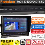 Blind Spot Detection 10" Split Screen Monitor (Quad) for reversing cameras + side cameras - 4x 4 pin inputs | MON1010Q-AHD-BSD