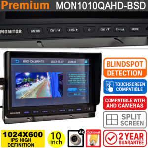 Blind Spot Detection 10" Split Screen Monitor (Quad) for reversing cameras + side cameras - 4x 4 pin inputs | MON1010Q-AHD-BSD
