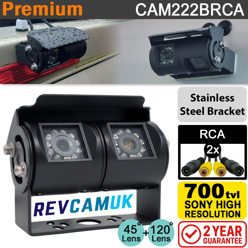 Black Twin-Lens Reverse & Rear-View Camera - Sony CCD - Stainless Steel Bracket - RCA (Phono)