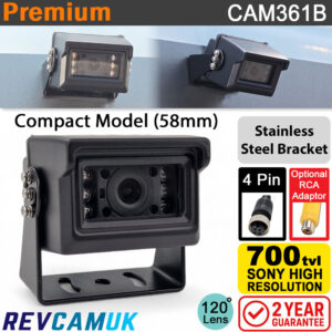 Compact Black Reversing Camera - Sony CCD 700TVL - Stainless Steel Bracket - 4-Pin