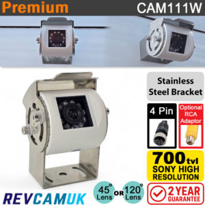 White Reverse or Rear-View Camera - Sony CCD - Polished Stainless Steel Bracket - 4-Pin