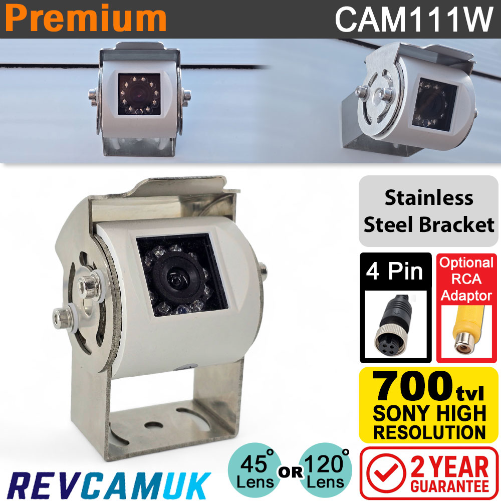 White Reverse or Rear-View Camera - Sony CCD - Polished Stainless Steel Bracket - 4-Pin