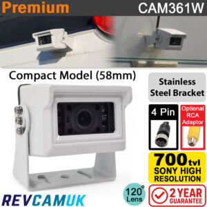 Compact White Reversing Camera - Sony CCD 700TVL - Stainless Steel Bracket - 4-Pin