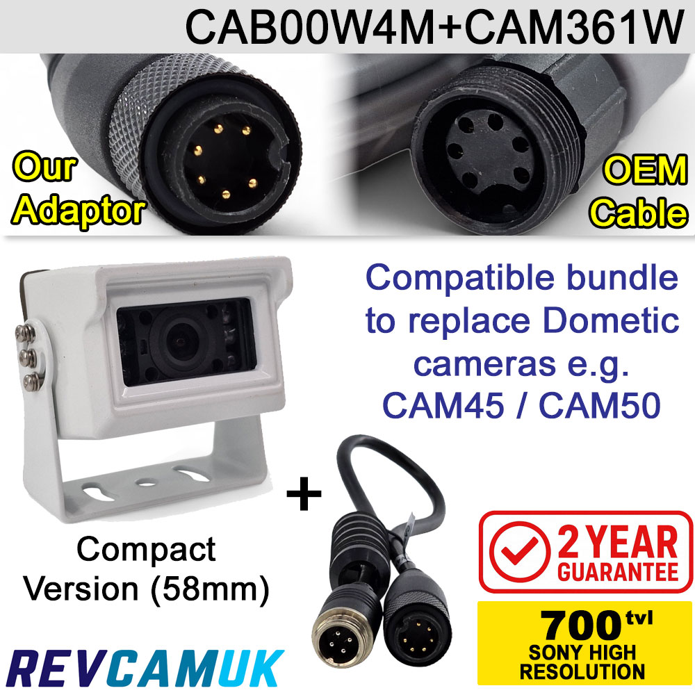 Dometic Compatible Replacement Reversing Camera Bundle with White Compact Sony CCD Bracket Camera + Adaptor | CAB00W4M + CAM361W