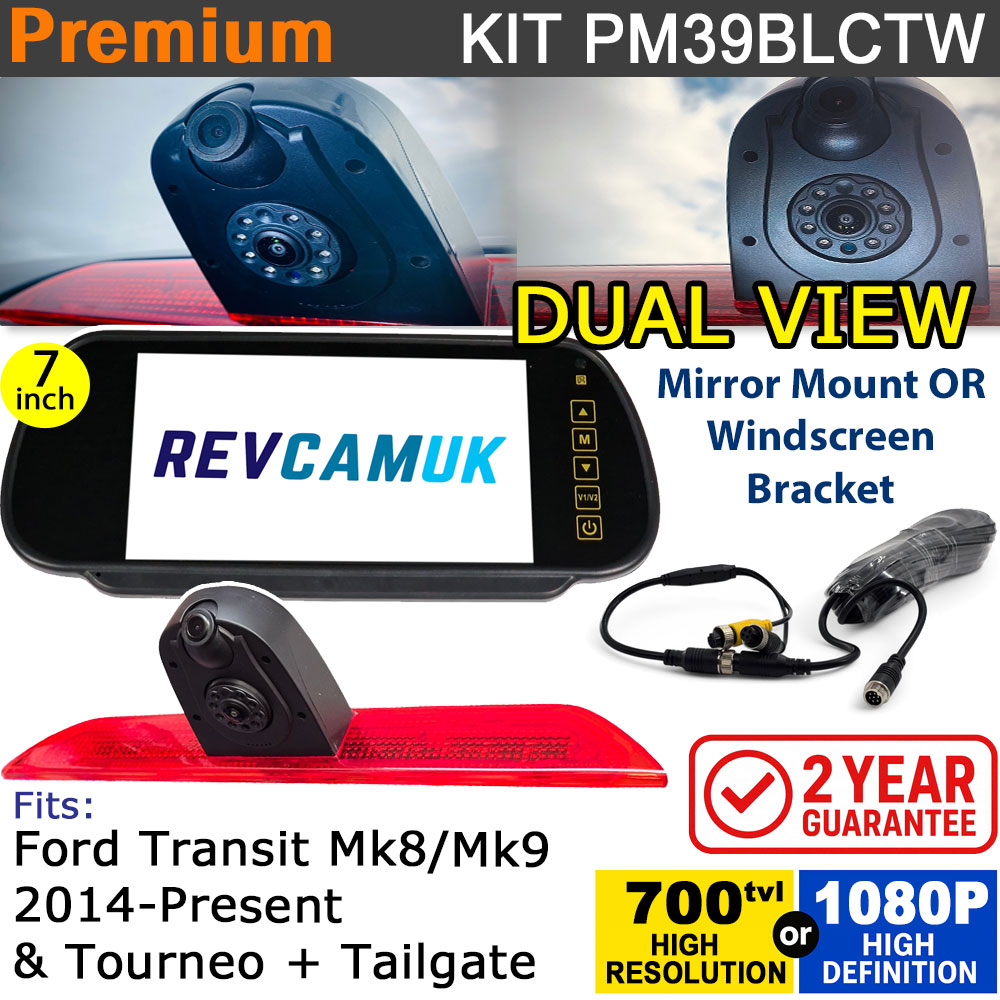 Twin Lens Ford Transit Mk8/Mk9 (2014+) Rear View Camera + Reversing Camera kit for Brake Light with a 7" Mirror Display - PM39BLCTW