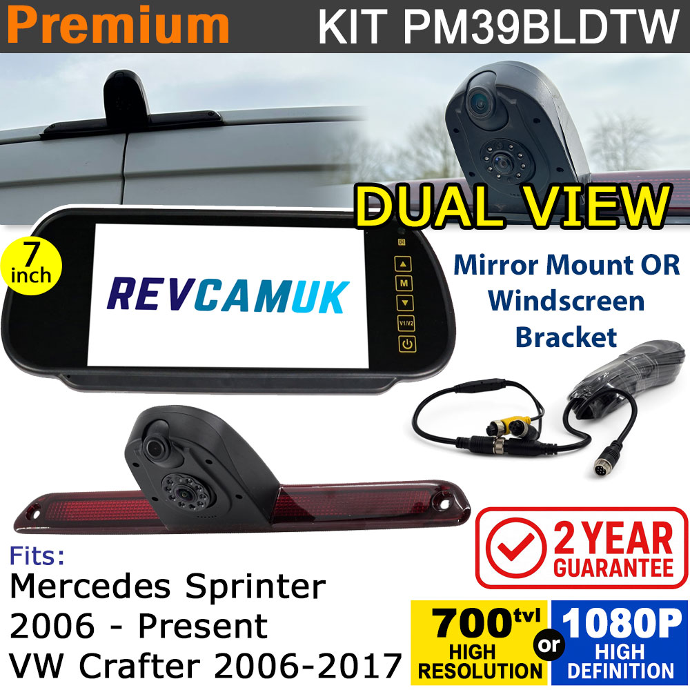 Mercedes Sprinter (2006+) / VW Crafter (2006-2017) Twin Lens Brake Light Reversing + Driving Rear View Camera kit with 7" Mirror Display - PM39BLDTW