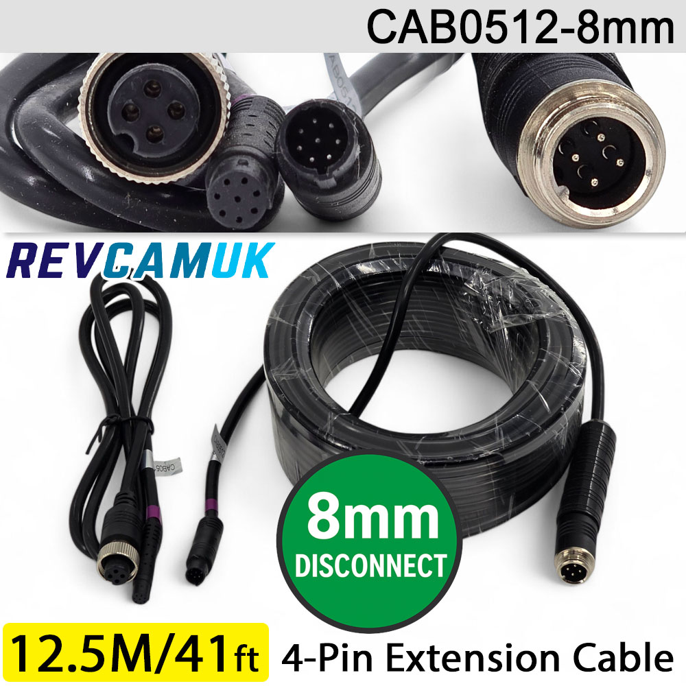 12.5M (with 8mm link) - 4 Pin Aviation Screw Connector Extension Cable for 1 reversing camera | CAB0512-8mm
