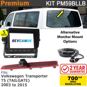 VW Volkswagen Transporter T5 (2003-2015) (Tailgate Version) Brake Light Reversing Camera kit with 5" Monitor Display - PM59BLLB