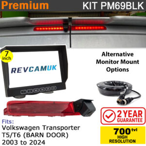 VW Volkswagen Transporter T5/T6 (2003+) (Barn Doors Version) Brake Light Reversing Camera kit with 7" Monitor Display - PM69BLK