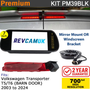 VW Volkswagen Transporter T5/T6 (2003+) (Barn Doors Version) Brake Light Reversing Camera kit with 7" Mirror Display - PM39BLK