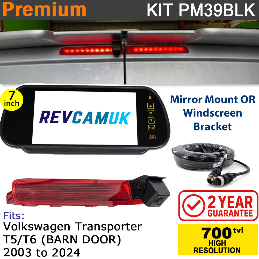 VW Volkswagen Transporter T5/T6 (2003+) (Barn Doors Version) Brake Light Reversing Camera kit with 7" Mirror Display - PM39BLK