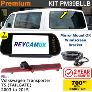 VW Volkswagen Transporter T5 (2003-2015) (Tailgate Version) Brake Light Reversing Camera kit with 7" Mirror Display - PM39BLLB