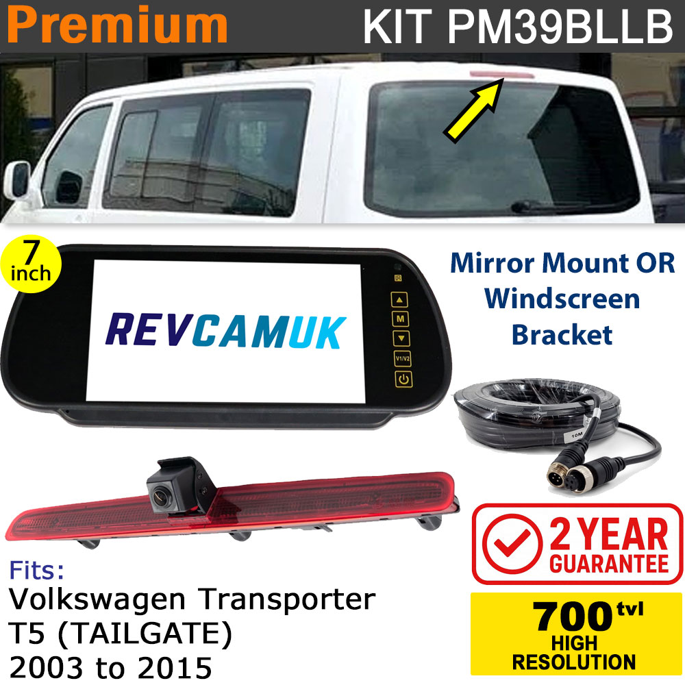 VW Volkswagen Transporter T5 (2003-2015) (Tailgate Version) Brake Light Reversing Camera kit with 7" Mirror Display - PM39BLLB