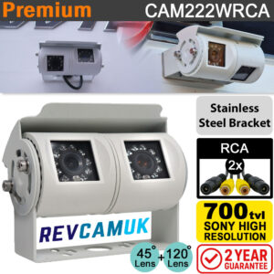 White Twin-Lens Reverse & Rear-View Camera - Sony CCD - Stainless Steel Bracket - RCA (Phono)