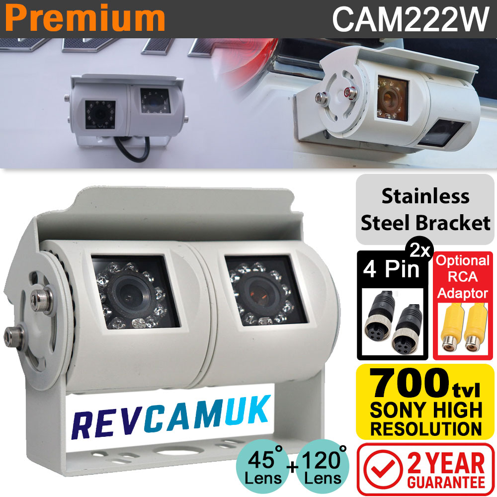 White Twin-Lens Reversing & Rear-View Camera for Motorhome - Sony CCD 700TVL - Stainless Steel Bracket - 4-Pin
