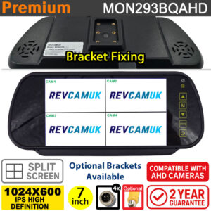 Quad/Split-Screen 7" Windscreen Bracket Rear View Mirror monitor display for 4x reversing camera/side cameras- 4x inputs (720P/960P/1080P/CVBS) | MON293BQAHD