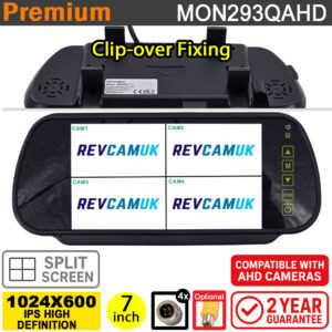 Quad/Split-Screen 7" Clip-over Rear View Mirror monitor display for 4x reversing camera/side cameras- 4x inputs (720P/960P/1080P/CVBS) | MON293QAHD