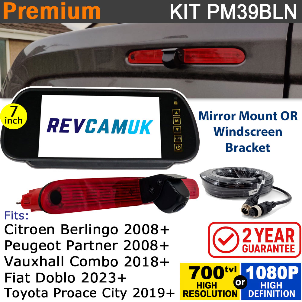 Citroen Berlingo, Peugeot Partner, Fiat Doblo, Vauxhall Combo & Toyota Pro Ace City Brake Light Reversing Camera kit with 7" Mirror Display - PM39BLN
