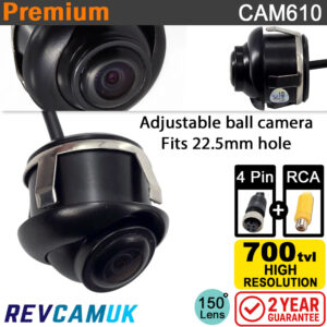 Adjustable Bullet Flush Install Reversing Camera - 22.5mm Holesize Fitting - 700TVL CMOS - 4-Pin & RCA