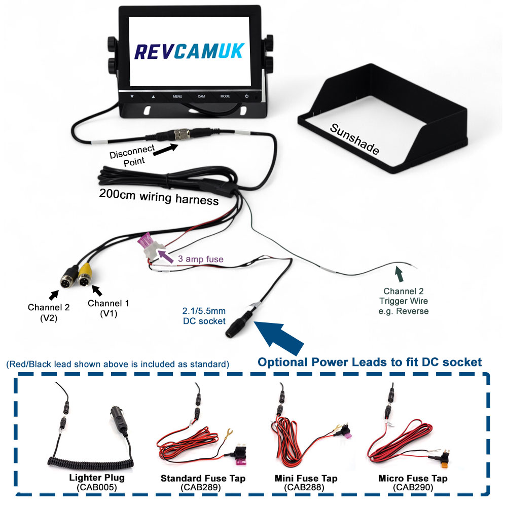 7" monitor display for rear camera - 2x 4 pin inputs | MON17