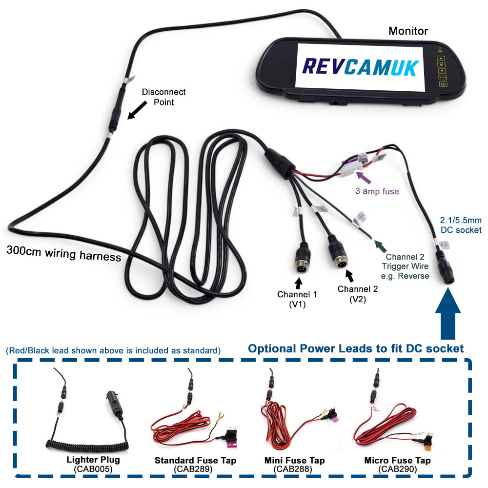 7" Mirror monitor display for reversing camera - 2x 4 pin inputs | MON293GL