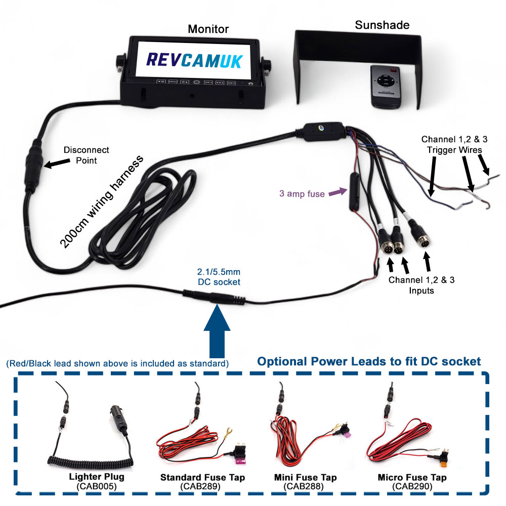7" Monitor display for reversing cameras - 3x 4 pin inputs | MON705